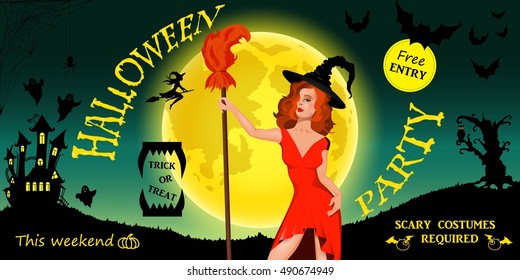 Halloween party. Witch, ghost, bat, moon, and other items on Halloween theme.