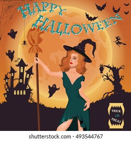 Halloween party. Witch, ghost, bat, moon, and other items on Halloween theme. Halloween background. Vector illustration.