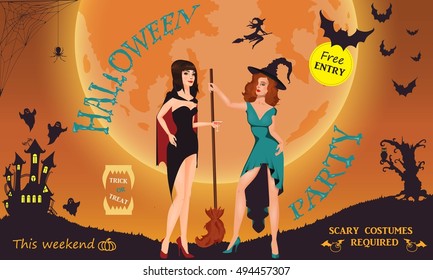 Halloween party. Witch, ghost, bat, moon, vampire and other items on Halloween theme. Halloween background Vector illustration