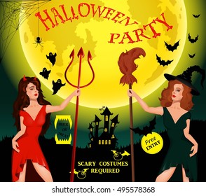 Halloween party. Witch, ghost, bat, moon, devil and other items on Halloween theme. Halloween background. Vector illustration.