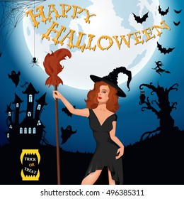 Halloween party. Witch, ghost, bat, moon, vampire and other items on Halloween theme. Halloween background Vector illustration