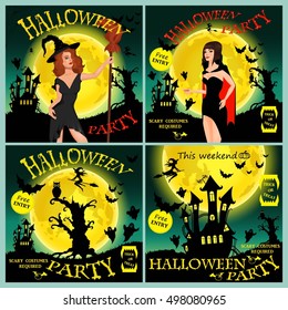 Halloween party. Witch, ghost, bat, moon, vampire and other items on Halloween theme. 