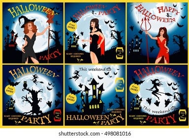 Halloween party. Witch, ghost, bat, moon, vampire and other items on Halloween theme. 