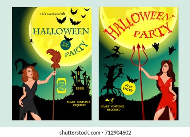 Halloween party. Witch, ghost, bat, moon, devil and other items on Halloween theme