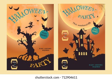 Halloween party. Witch, ghost, bat, moon, devil and other items on Halloween theme