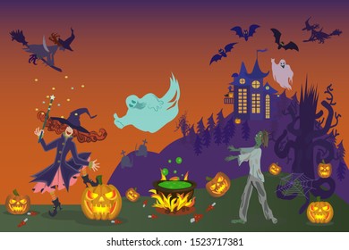 Halloween party. Witch, ghosts, zombies, bats make magic potion. Vector illustration.