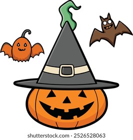 Halloween party witch hat, carved pumpkin, scary flying bat vector art illustration.