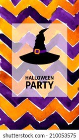 halloween party witch hat watercolor card invitation background, vector