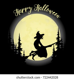 Halloween party. Witch on a broom, forest and full moon. Halloween poster. Vector illustration.