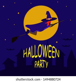 Halloween party witch on a broomstick over the city vector blue square background