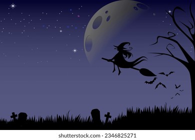 Halloween Party and the witch on deep blue sky background. Halloween symbols are an owl, pumpkin, full moon, and flying bat.