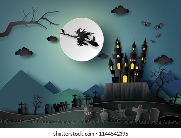 
Halloween party ,Witch riding a broom flying in the sky with full moon night background.