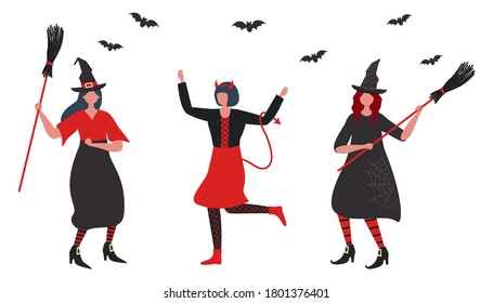 Halloween party. Witches and imp dancing. Young woman in imp costume. Two women in witch costumes with brooms. There are also bats in the picture. People are celebrating Halloween. Vector