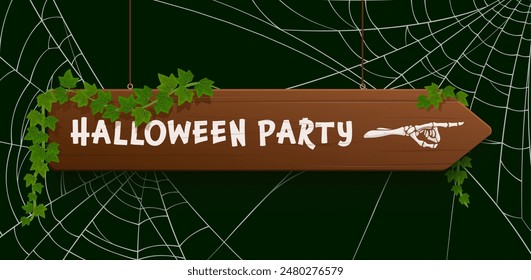 Halloween Party Holzschild mit gruseliger Skeletthand. Vektorgrafik-Hinweistafel mit Spinnennetzen und Efeu-Kriechpflanze, Wegweiser und Begleitung der Feiernden zu einer Nacht unheimlicher gespenstischer Festlichkeiten