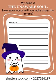 Halloween party word game in English activity page vector illustration. Help funny cartoon little ghost with a witch hat and pumpkin basket to create words from name letters