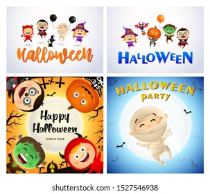 Halloween party yellow, white banner with monsters. Halloween, October, trick or treat. Lettering can be used for greeting cards, invitations, announcements