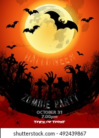 Halloween Party with Zombie Bats Spider on Grunge Cemetery / Zombie Party with Halloween.