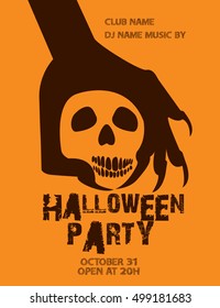 Halloween Party with zombie hand and skull on orange background / Zombie Party with Halloween.

