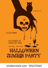 Halloween Party with zombie hand and skull on Grunge background / Zombie Party with Halloween.

