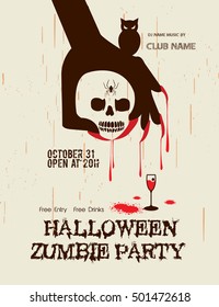 Halloween Party with zombie hand and skull on Grunge background / Zombie Party with Halloween.

