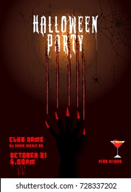 Halloween Party with Zombie hand and spider web on Grunge background.
