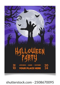 Halloween Party Zombie Hands Poster Design. Spooky flyer with creepy trees, bats, full moon in purple light. Vertical template for event promotion and social media post. Vector illustration.