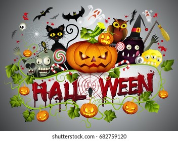 Halloween party,drawn Halloween symbols pumpkin,logo design, vector illustration