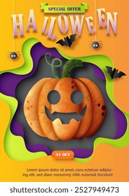 Halloween party's poster with pumpkins jack's o lantern, abstract shape in paper cut style and vector background design. Halloween greeting card in vector design.