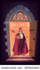 Halloween Party.Vampire At The Front Door Of His Castle Vector Illustration