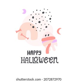 Halloween pastel pink concept illustration with ghost, pumpkin and abstract shapes. With hand-drawn lettering. Vector doodle isolated on white background. For card, sticker, print.