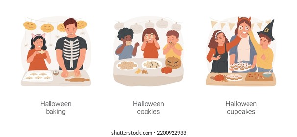 Halloween Pastry Isolated Cartoon Vector Illustration Set. Happy Family Baking For Autumn Holiday, Kids Have Fun With Traditional Halloween Cookies, Preparing Spooky Cupcakes Vector Cartoon.