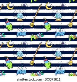 Halloween patch badges pattern. Holiday doodles background. Halloween stickers seamless texture. Vector pattern with social media hashtag and emoticons.