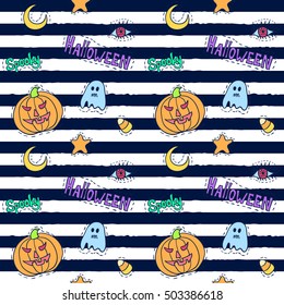 Halloween patch badges pattern. Holiday doodles background. Halloween stickers seamless texture. Vector pattern with social media hashtag and emoticons.