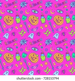 Halloween patch badges pattern. Holiday doodles vector background. Halloween stickers. Sketch pins with pumpkins, sweets, witch tools and ghosts. Funny fabric design.