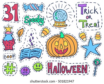 Halloween patch badges set. Holiday doodles set. Halloween stickers. Sketch pins vector with pumpkins, holiday candies, witch tools and halloween symbols. Social media hashtag and emoticons.
