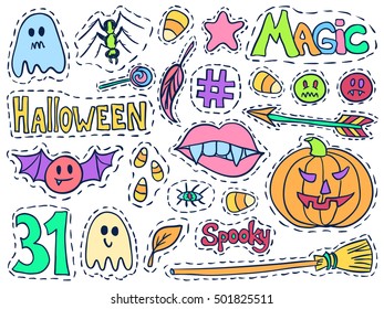 Halloween patch badges set. Holiday doodles vector. Halloween stickers. Sketch pins with pumpkins, holiday candies, witch tools and halloween symbols. Social media hashtag and emoticons.