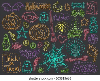 Halloween patch badges set. Holiday doodles vector. Halloween stickers. Sketch pins with pumpkins, witch tools and halloween's symbols. Social media hashtag and emoticons.