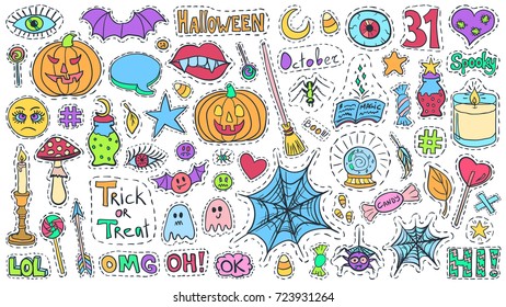 Halloween patch badges set. Holiday doodles vector. Halloween stickers. Sketch pins with pumpkins, sweets, witch tools, ghosts and spiders. Social media emoticons and icons bundle.