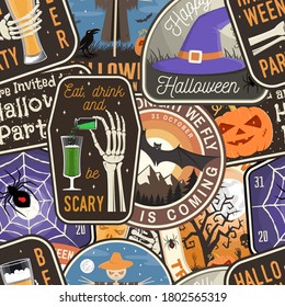 Halloween patches colorful seamless pattern with scarecrow with raven, pumpkin, skeleton hand, cemetery, glass of magic beer. Vector. Halloween background, wallpaper, seamless pattern with patches