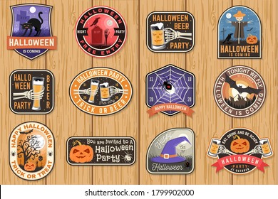 Halloween patches. Halloween retro badge, pin. Sticker for logo, print, seal, stamp, patch. Scarecrow with raven, pumpkin, skeleton hand, cemetery, glass of magic beer Typography design- stock vector