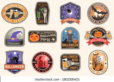 Halloween patches. Halloween retro badge, pin. Sticker for logo, print, seal, stamp, patch. Scarecrow with raven, pumpkin, skeleton hand, cemetery, glass of magic beer Typography design- stock vector