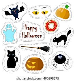 Halloween patches set on white background. Vector illustrations isolated. Colorful stickers or icons. Autumn season festival. Creepy images of black cat, pumpkin, ghost, witch broom, eyes and spider