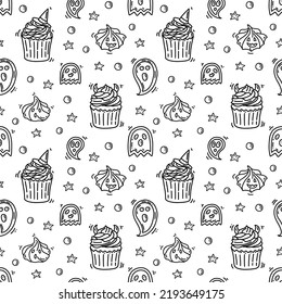 Halloween patern with scary cupcakes and horror merengue. Doodle holiday background with cookies. 