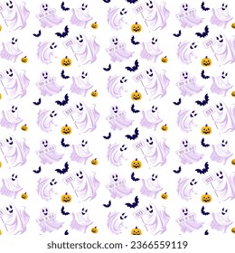 Halloween patern whith fun ghosts, pumpkins, Jack O' Lantern and bats. Ghosts background dodle. Happy Halloween background patern with spooky flying ghosts on white background. Design for fabric, text