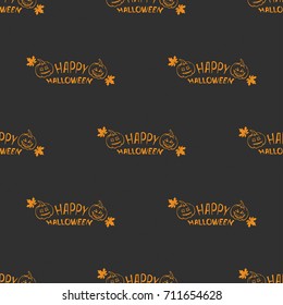 Halloween pattern with autumn leaves and pumpkins on a black background, greeting card