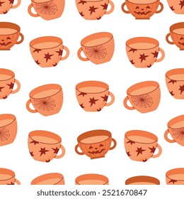 Halloween pattern background with cups coffee, hot chocolate, tea, pumpkin latte 