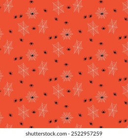 Plano de fundo do padrão de Halloween. Padrão com aranha escura e teia de aranha branca no plano de fundo laranja.