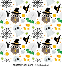 Halloween pattern background, ghosts, hats, owls and nets.Vector Illustration.