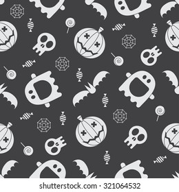 Halloween pattern background.  Mystic seamless pattern with pumpkins, skull, ghost, bat, candies and spider web. Halloween evil night concept wallpaper.