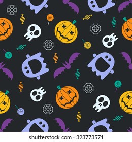 Halloween pattern background.  Mystic seamless pattern with pumpkins, skull, ghost, bat, candies and spider web. Halloween night concept backdrop. Halloween seamless pattern in traditional colors.
